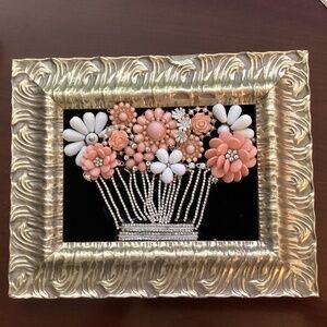 Jewelry art upcycled repurposed necklaces brooches peach white gold rhinestones